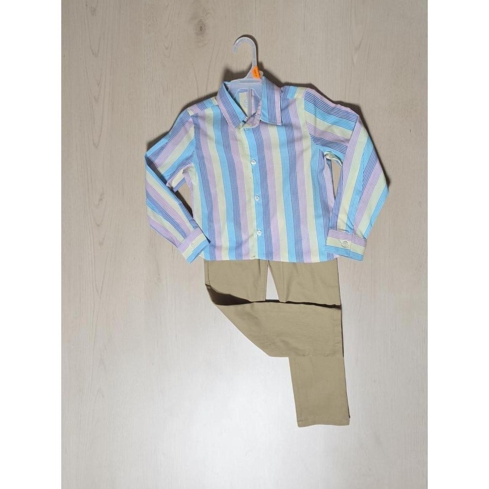 Wonder Nation Boys 2pc Set Beige Khaki Pants & Striped Button Up Shirt Size 6